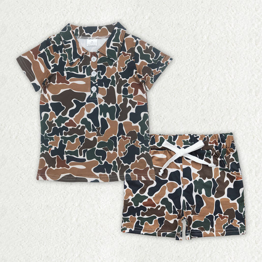 BT1213+SS0359 Baby Boys Brown Camouflage Button Polo Shirts Top Pockets Shorts Set