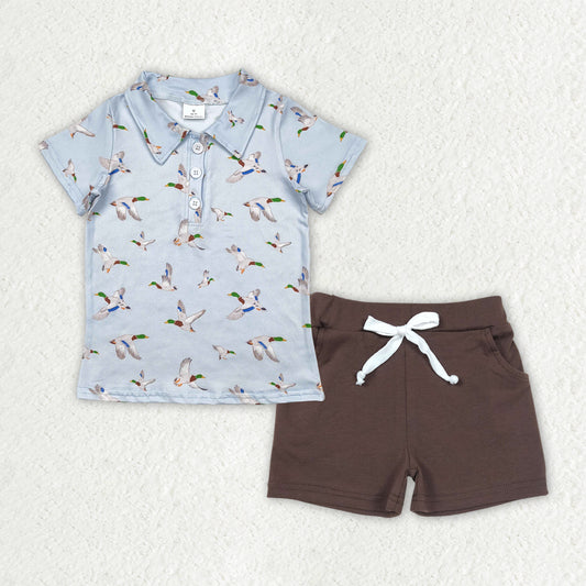 BT1210+SS0134 Baby Boys Blue Ducks Button Polo Shirts Top Brown Pockets Shorts Set