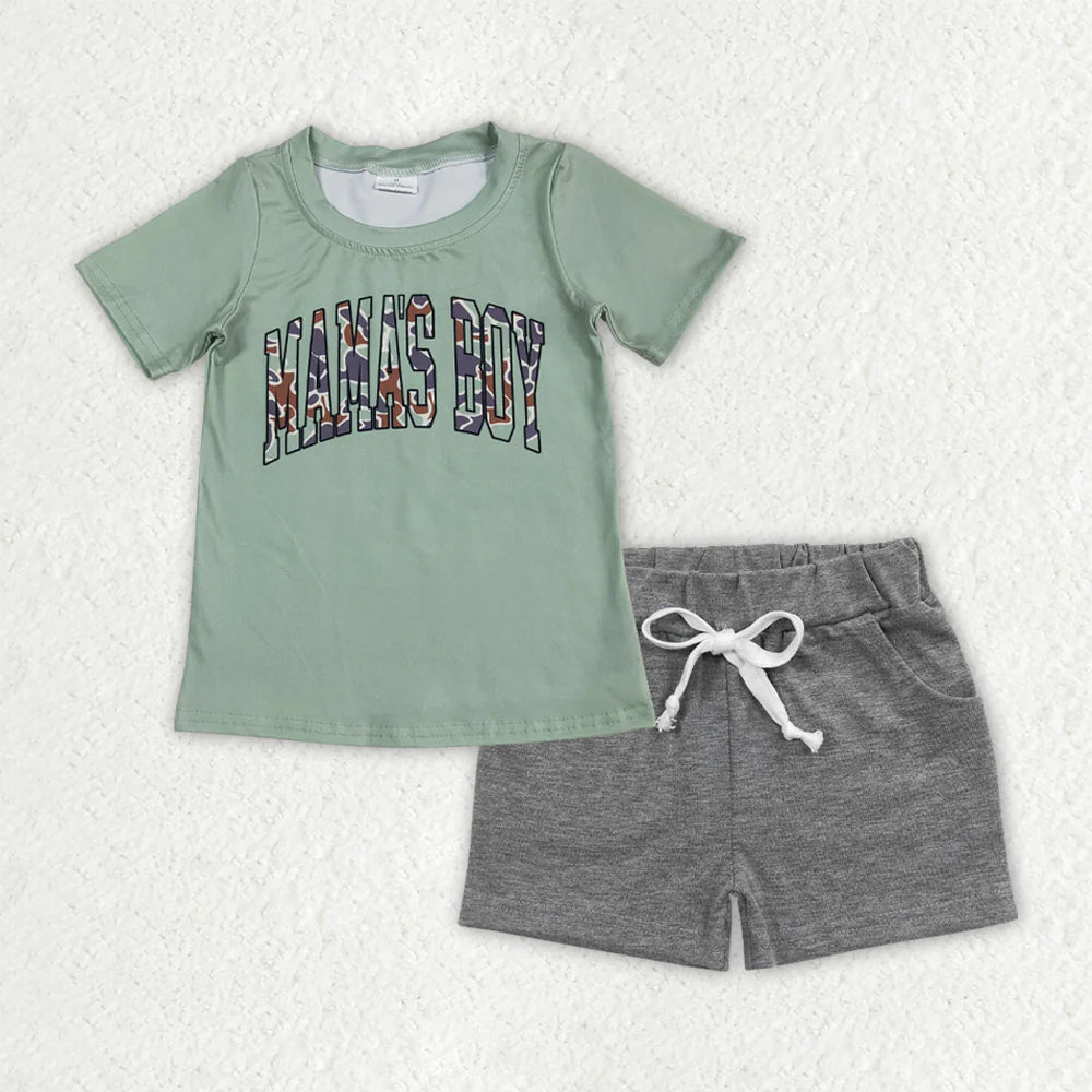 BT1184+SS0133 Baby Boys Green Camo Mama's Boy Top Gray Pockets Shorts Clothes Set 6.10