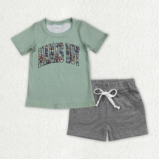 BT1184+SS0133 Baby Boys Green Camo Mama's Boy Top Gray Pockets Shorts Clothes Set 6.10