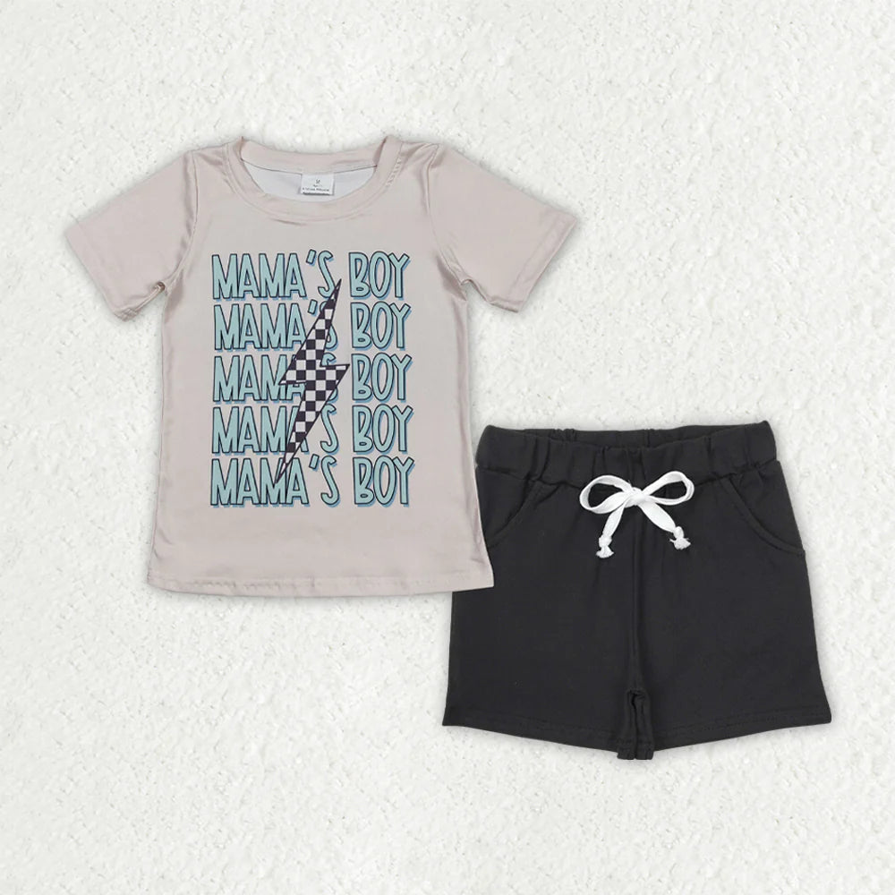 BT1229+SS0137 Baby Boys Mama's Boy Lightning Top Black Pockets Shorts Clothes Set 6.10