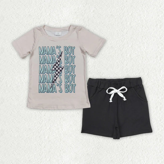BT1229+SS0137 Baby Boys Mama's Boy Lightning Top Black Pockets Shorts Clothes Set 6.10