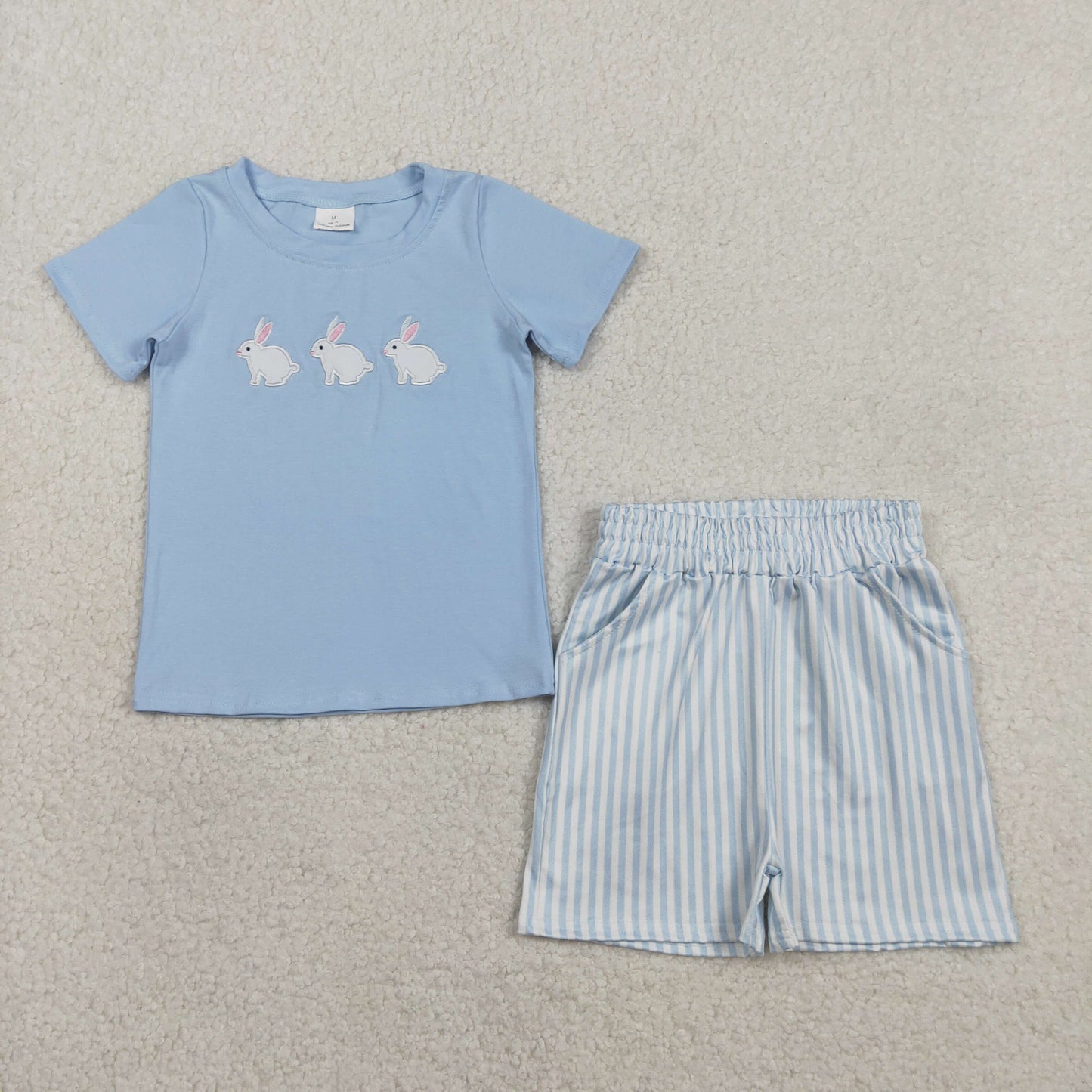 RTS BSSO1560 Embroidery Rabbits Baby Boys Top Stripe Pockets Shorts Easter Clothes Sets