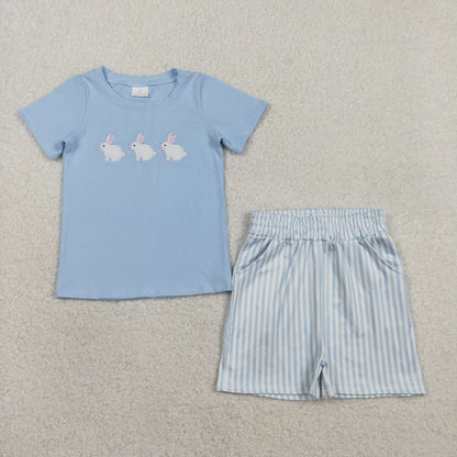 RTS BSSO1560 Embroidery Rabbits Baby Boys Top Stripe Pockets Shorts Easter Clothes Sets