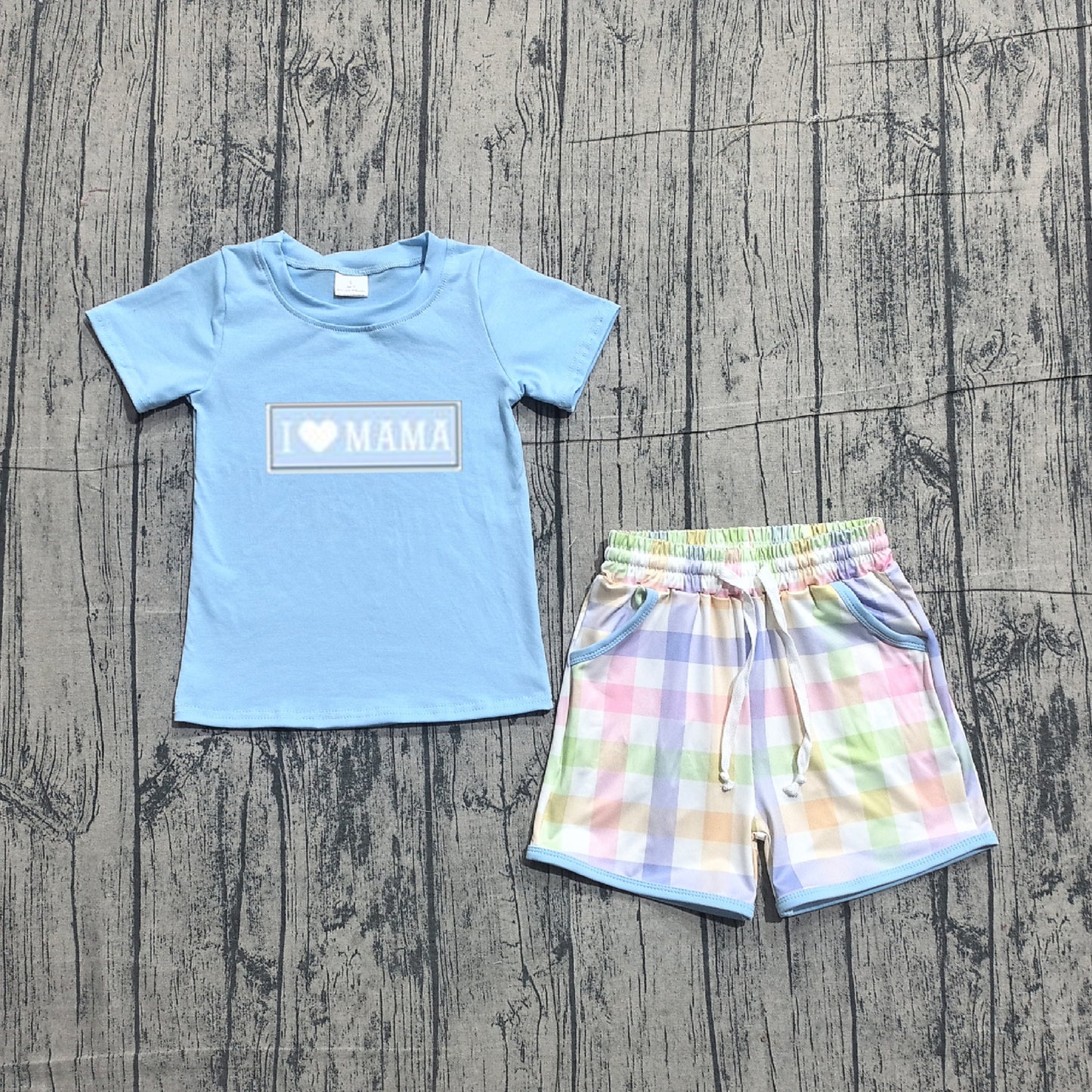 Sample BSSO1605 Cute Embroidery I Love Mama Baby Boys Top Checked Pockets Shorts Clothes Sets