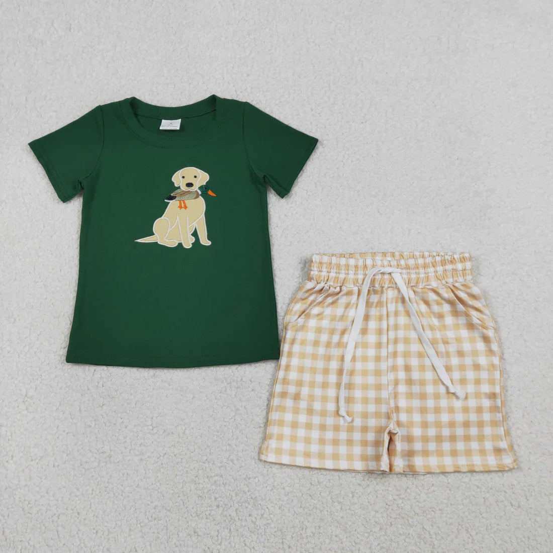 RTS Sibling Baby Boys Embroidery Dog Ducks Top Checked Pockets Short Hunting Clothes Sets