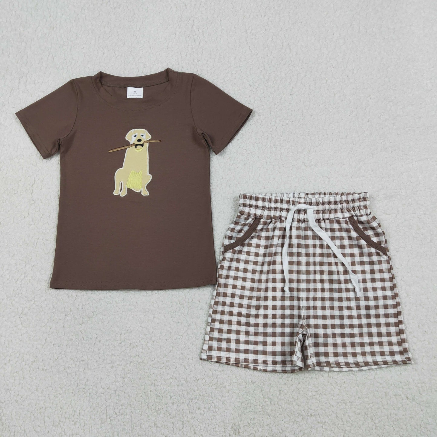 RTS BSSO1637 Embroidery Dogs Baby Boys Brown Top Checked Pockets Shorts Hunting Clothes Sets