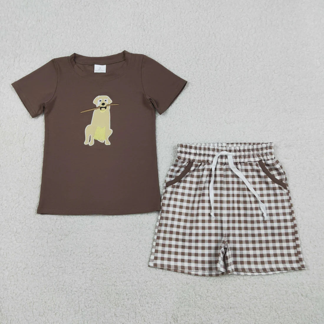 RTS Sibling Baby Boys Embroidery Dog Ducks Top Checked Pockets Short Hunting Clothes Sets