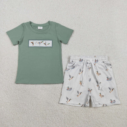 RTS BSSO1639 Embroidery Ducks Baby Boys Top Checked Pockets Short Hunting Clothes Sets