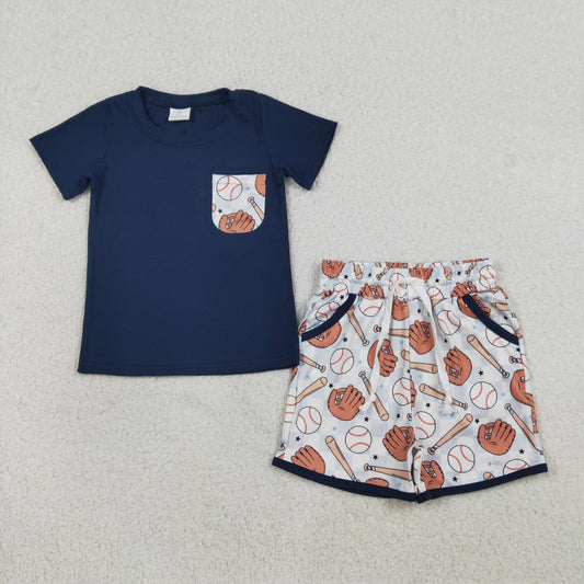 RTS BSSO1669 Baby Boys Navy Shirts Top Baseballs Pockets Shorts Team Clothes Sets