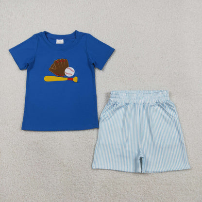RTS BSSO1670 Embroidery Baseballs Baby Boys Blue Top Pockets Stripe Shorts Team Clothes Sets