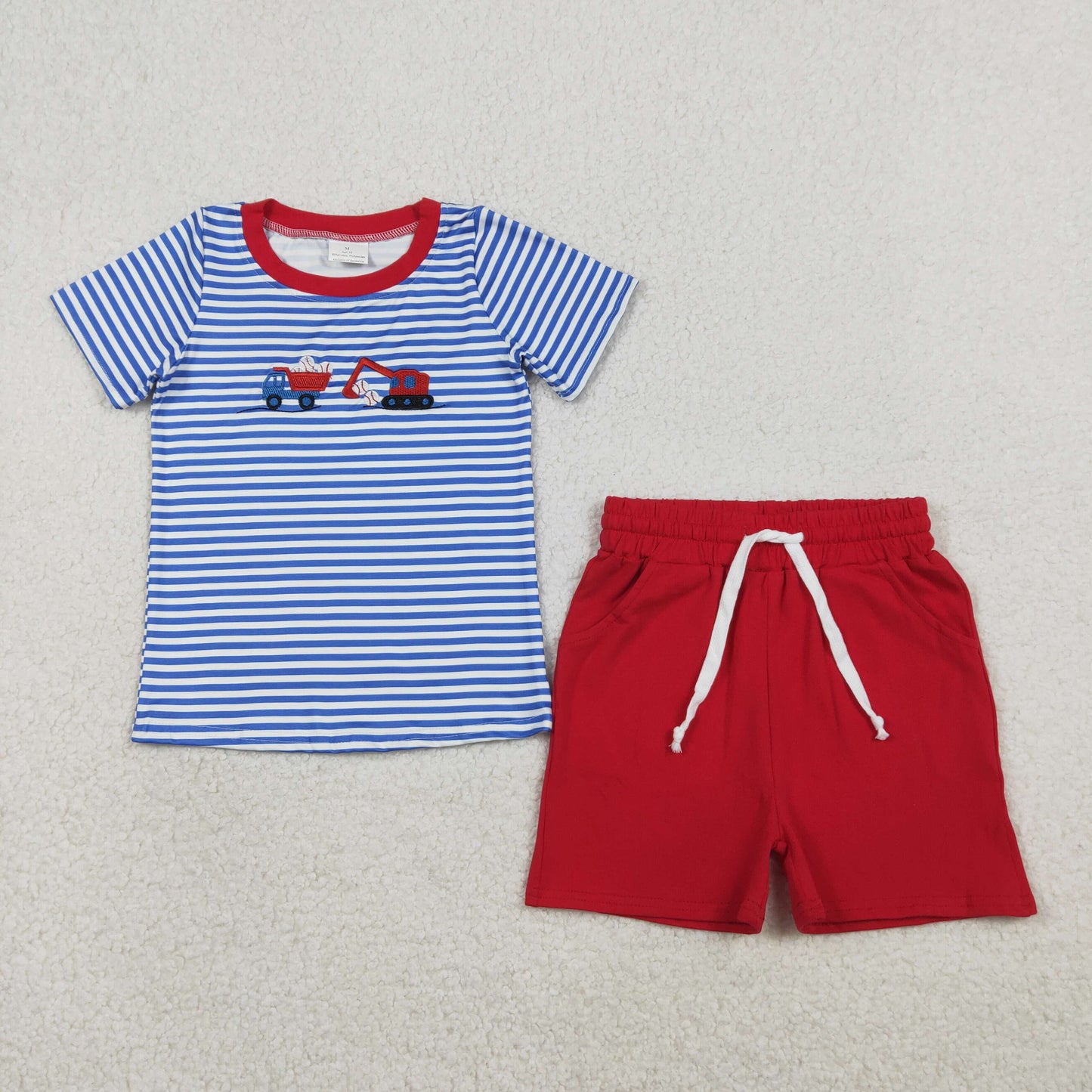 RTS BSSO1671 Embroidery Baseballs Trucks Baby Boys Stripe Top Pockets Shorts Team Clothes Sets