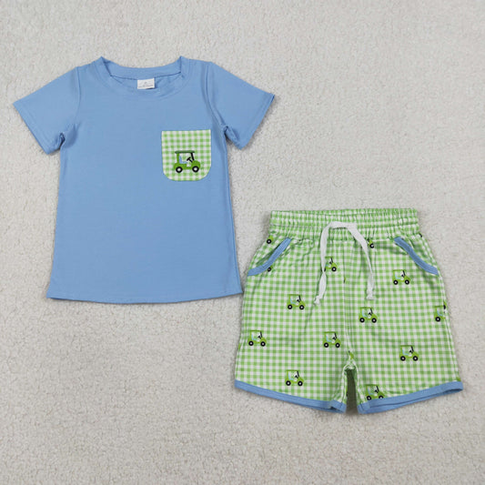 RTS BSSO1672 Embroidery Golf Trucks Baby Boys Pockets Top Checked Shorts Clothes Sets