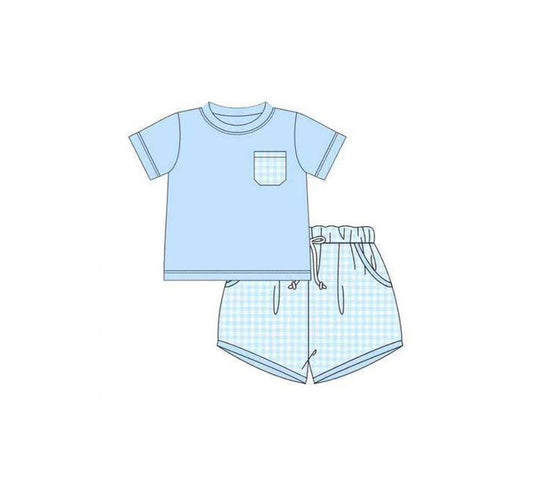 C11.15 BSSO1683 Baby Boys Blue Shorts Sleeve Checked Pockets Clothes Sets Preorder