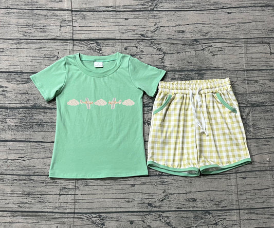 Sample BSSO1684 Cute Embroidery Air Planes Baby Boys Top Checked Pockets Clothes Sets