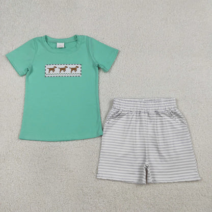 RTS Sibling Baby Boys Embroidery Dogs Top Pockets Stripe Shorts Hunting Clothes Set Rompers
