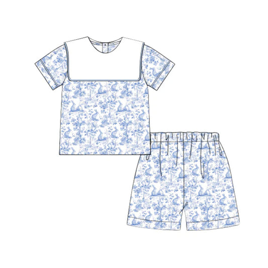 C11.17 BSSO1694 Baby Boys Blue Flowers Rabbits Top Shorts Easter Clothes Sets Preorder