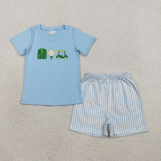 RTS BSSO1696 Embroidery Golf Trucks Baby Boys Shirts Top Stripe Shorts Clothes Sets