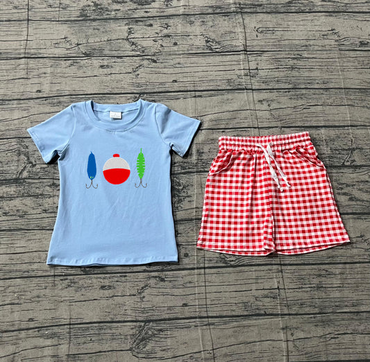 Sample BSSO1699 Cute Embroidery Fishing Baby Boys Top Checked Pockets Shorts Hunting Clothes Sets