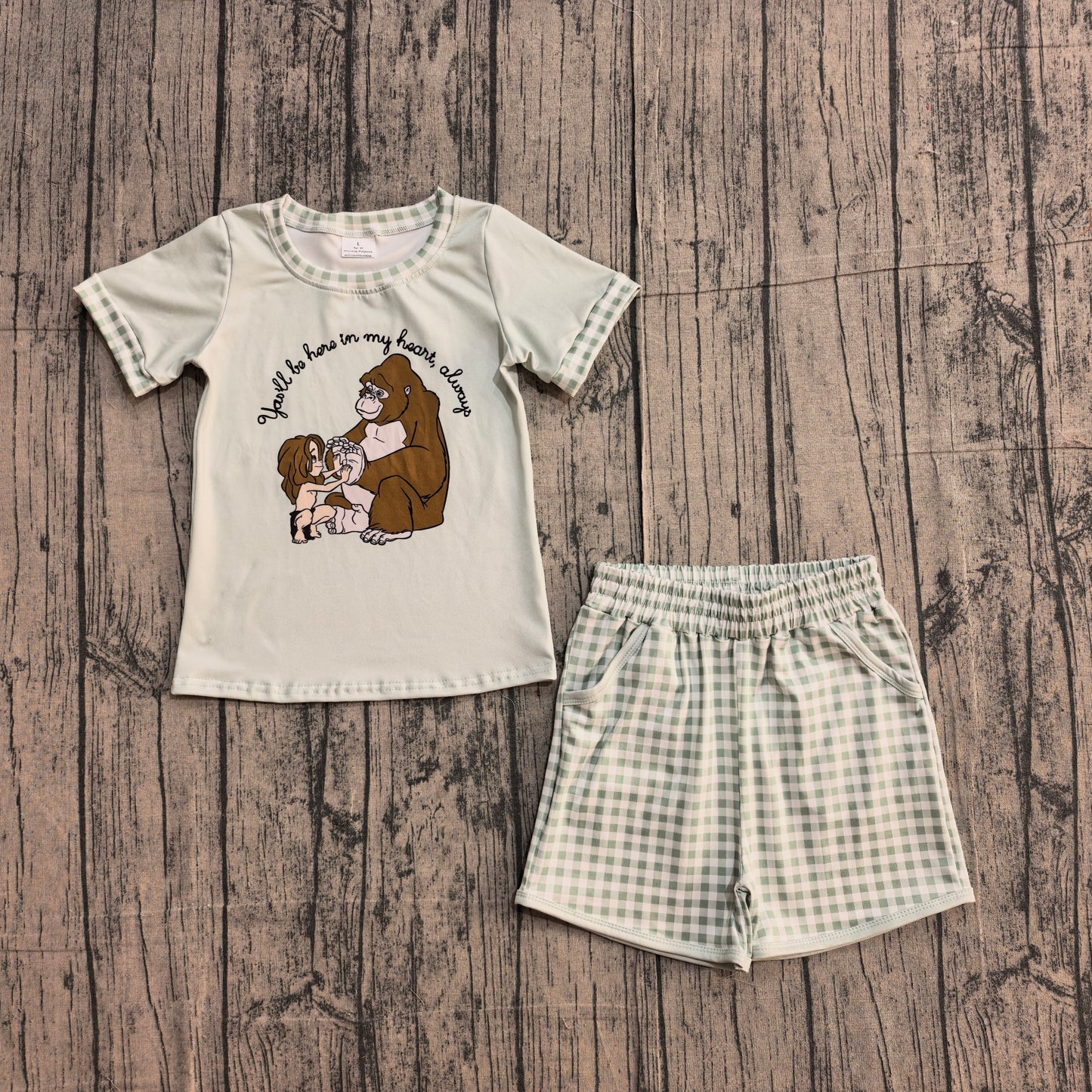 Sample BSSO1702 Cute Baby Boys Monkeys Top Green Checked Pockets Shorts Clothes Sets