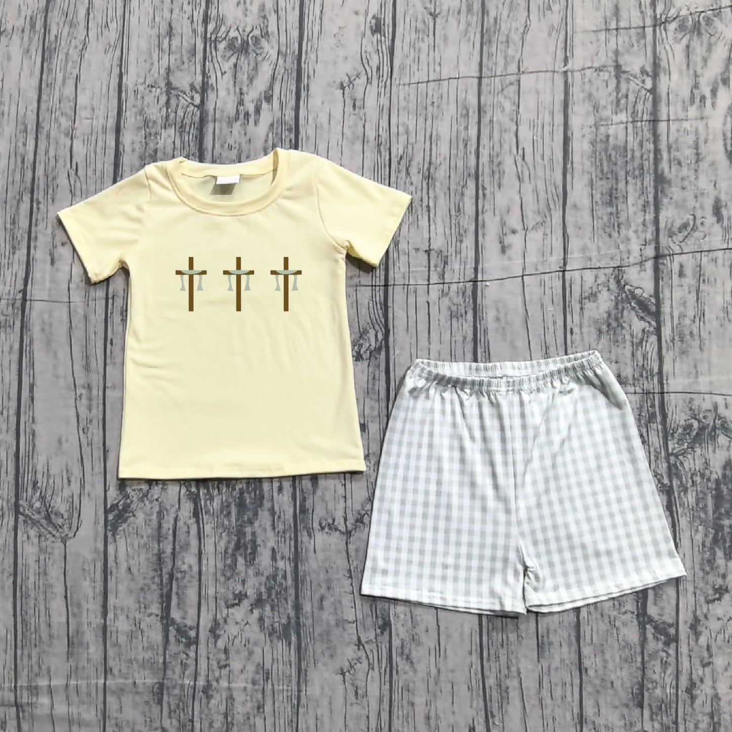 Sample BSSO1717 Cute Embroidery Baby Boys Crosses Top Checked Shorts Easter Clothes Sets