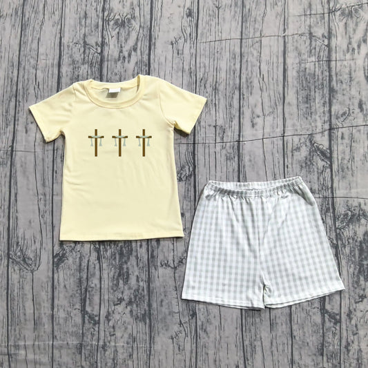 Sample BSSO1717 Cute Embroidery Baby Boys Crosses Top Checked Shorts Easter Clothes Sets