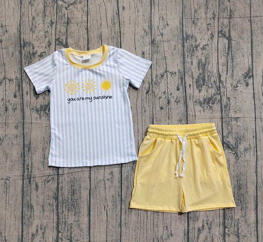 Sample BSSO1734 Cute Baby Boys Stripe You are My Sunshion Top Pockets Shorts Clothes Sets