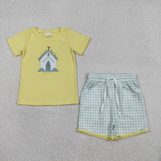 RTS BSSO1740 Embroidery Church Crosses Baby Boys Checked Pockets Shorts Easter Clothes Sets