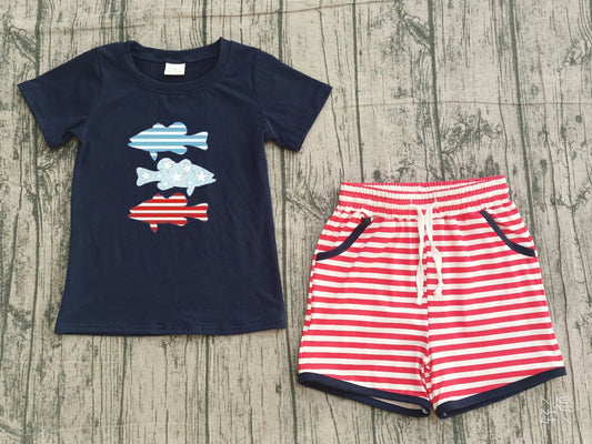 Sample BSSO1741 Cute Embroidery Fishes Baby Boys Top Stripe Pockets Shorts 4th of July Clothes Sets