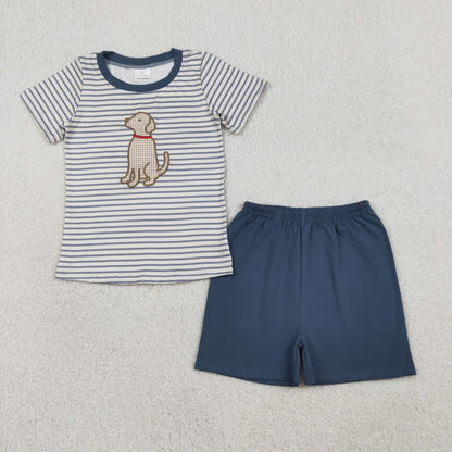 RTS BSSO1745 Embroidery Dogs Baby Boys Stripe Top Shorts Hunting Clothes Sets