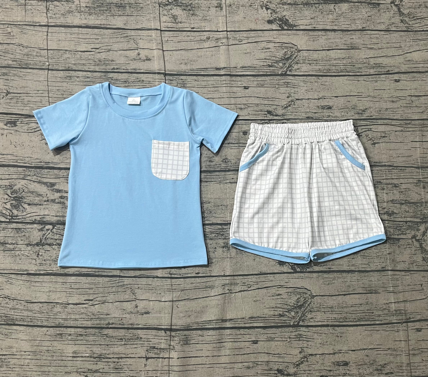 Sample BSSO1762 Cute Baby Boys Blue Short Sleeve Shirts Top Checked Pockets Shorts Clothes Sets