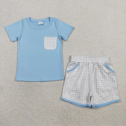 RTS BSSO1762 Baby Boys Blue Short Sleeve Shirts Top Checked Pockets Shorts Clothes Sets