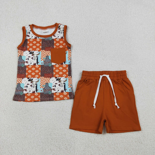 RTS BSSO1773 Baby Boys Aztec Null Skulls Checked Top Pockets Shorts Western Clothes Sets