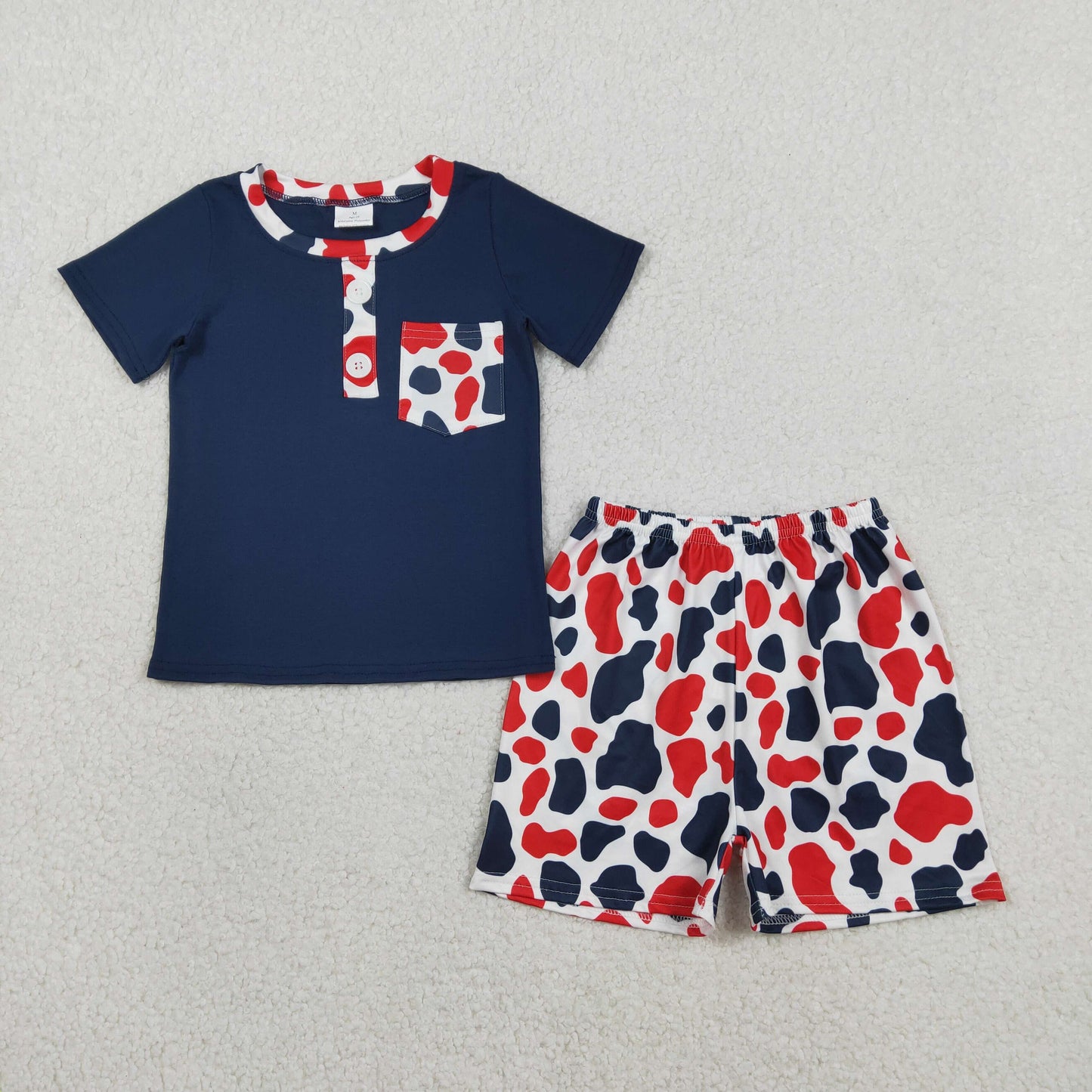 RTS BSSO1783 Baby Boys Red Blue Cow Print Pocket Button Top Shorts 4th of July Clothes Sets