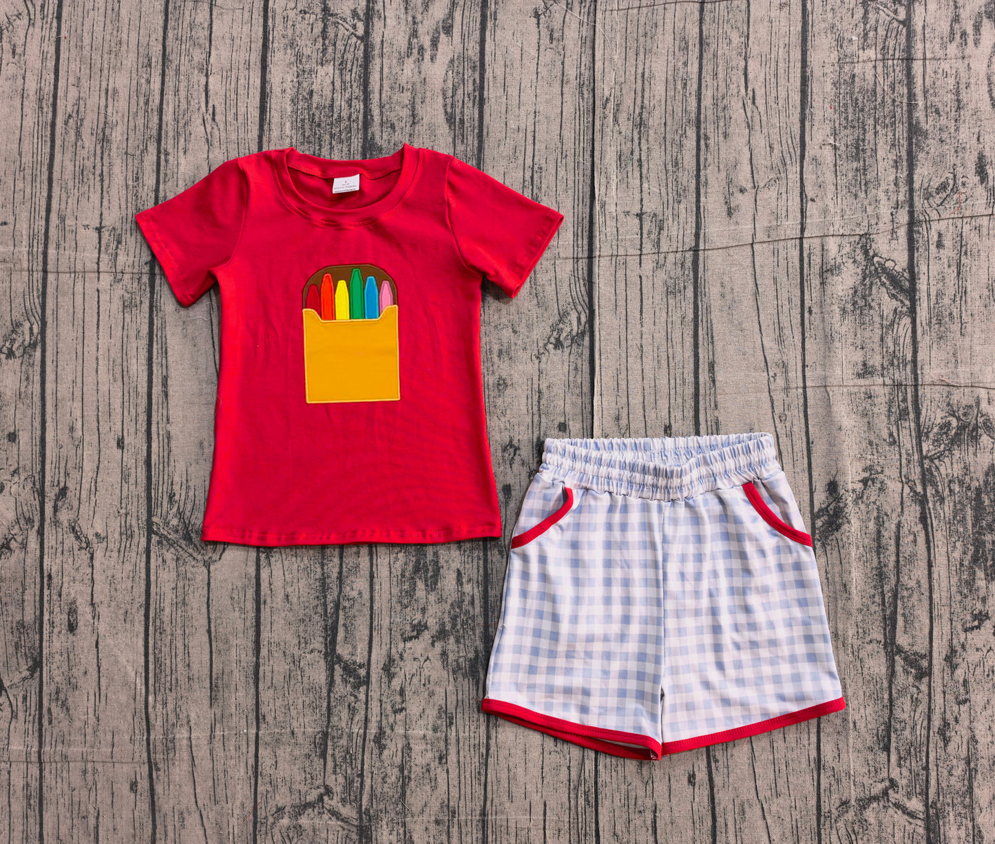 Sample BSSO1819 Cute Embroidery Pencils Baby Boys Checked Pockets Short Back to School Clothes Sets