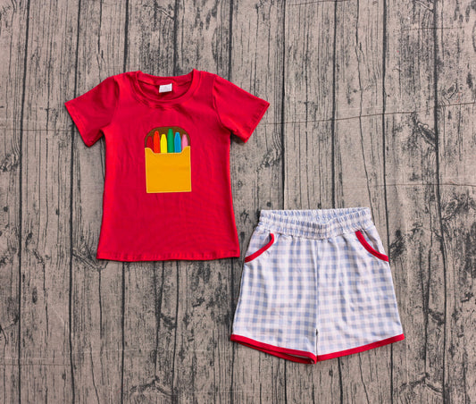 Sample BSSO1819 Cute Embroidery Pencils Baby Boys Checked Pockets Short Back to School Clothes Sets