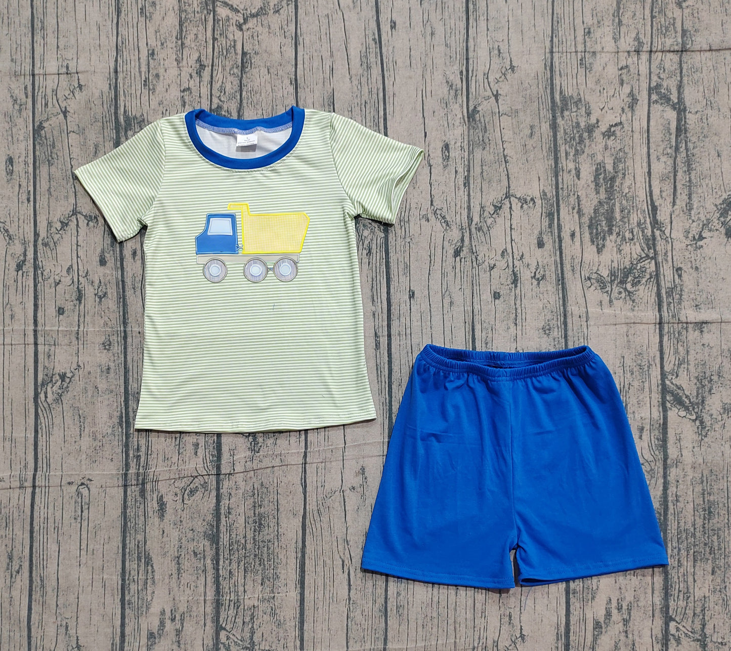 Sample BSSO1833 Cute Embroidery Tractors Baby Boys Green Stripe Top Shorts Clothes Sets