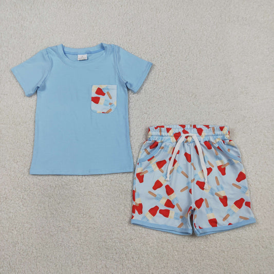RTS BSSO1844 Baby Boys Blue Shirt Top Popsicle Pockets Shorts 4th of July Clothes Sets