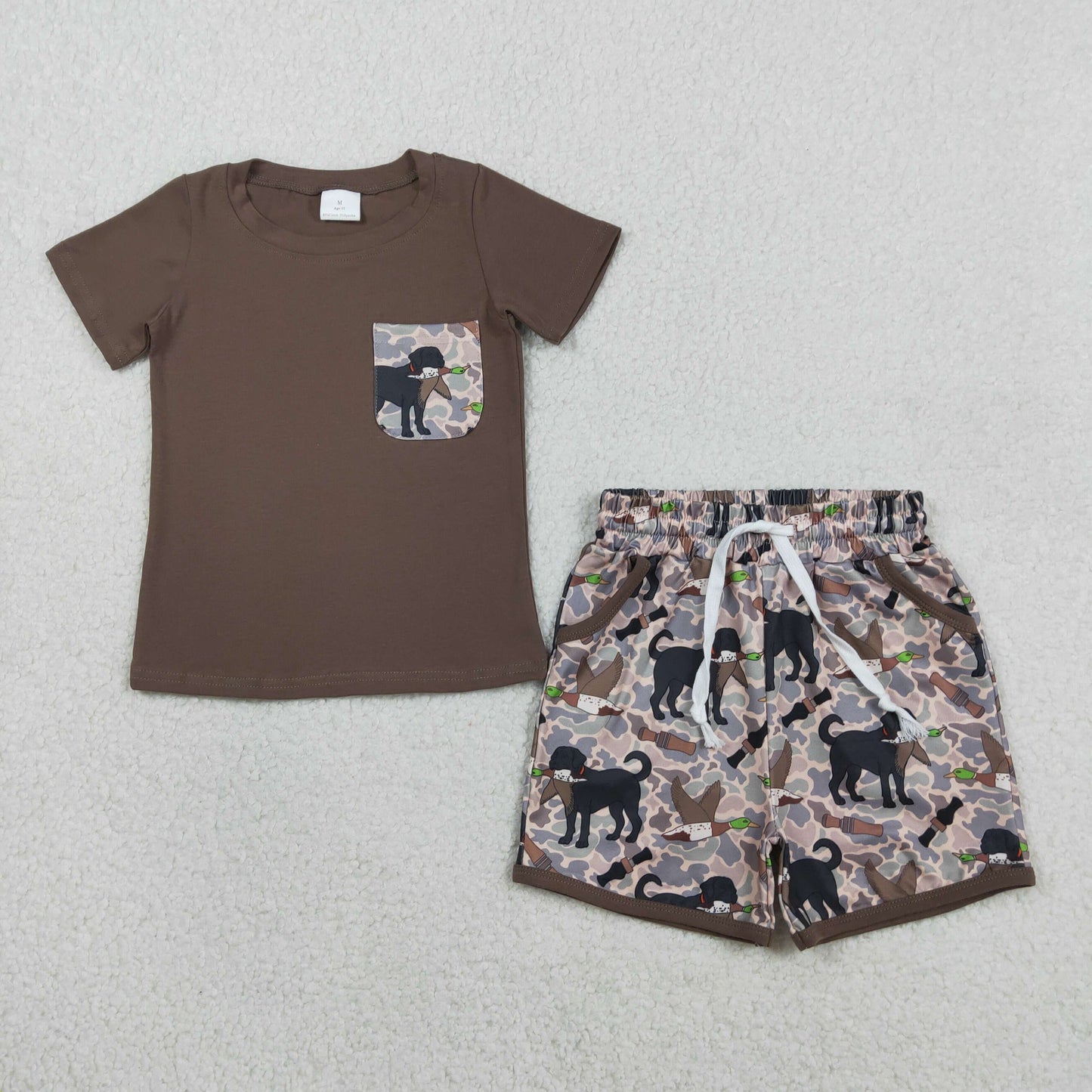 RTS BSSO1849 Baby Boys Shirt Top Dog Ducks Camo Pockets Short Hunting Clothes Sets