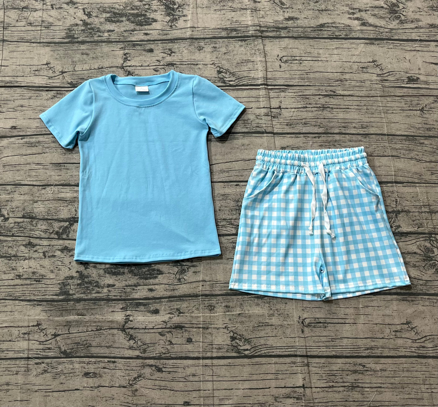 Sample BSSO1883 Baby Boys Light Blue Shirts Top Checked Pockets Shorts Clothes Sets