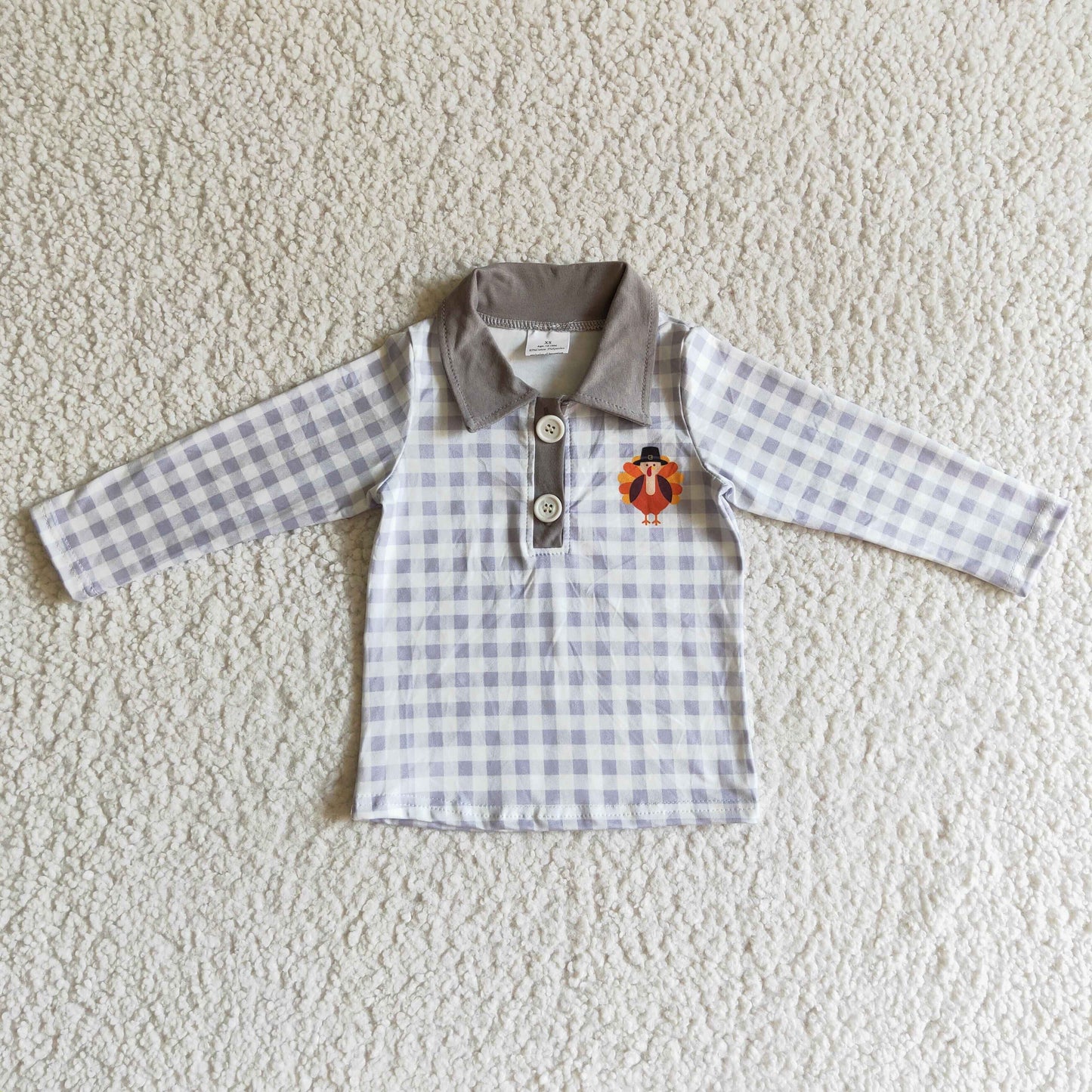 BT0038 Thanksgiving Boys Grey Plaid Turkey Long Sleeve Shirts