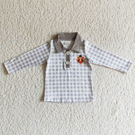 BT0038 Thanksgiving Boys Grey Plaid Turkey Long Sleeve Shirts