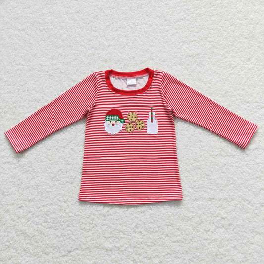 BT0370 Embroidery Santa Cookie Milk Red Striped Long Sleeve Top