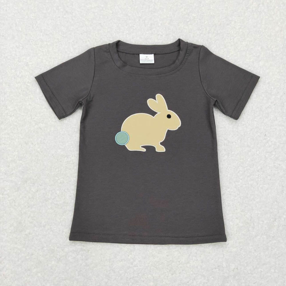 BT0444 Embroidery Rabbit Gray Short Sleeve Top