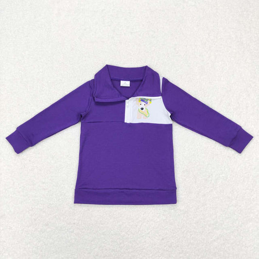 BT0492 Carnival puppy plaid purple zipper long-sleeved top