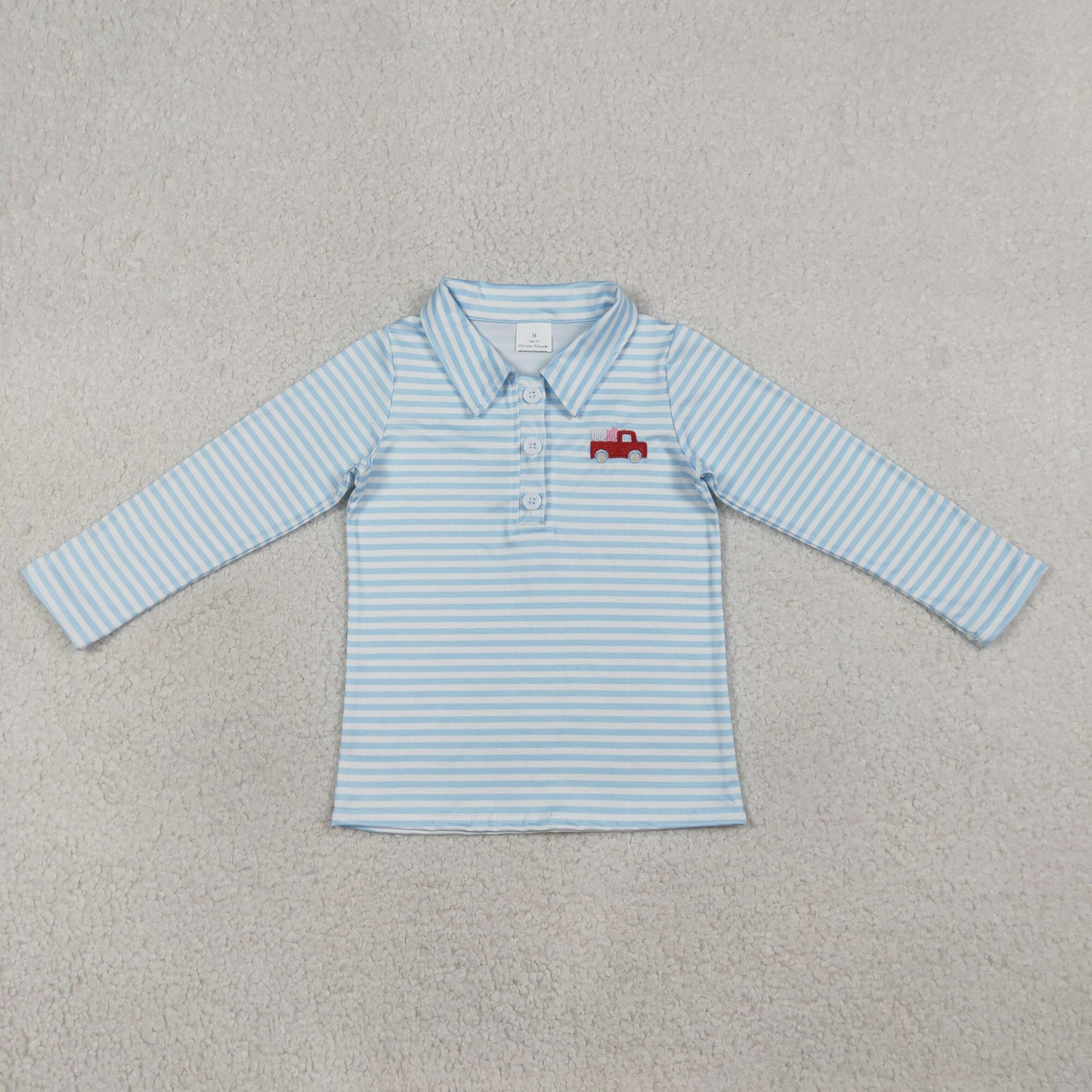 RTS BT1573 Embroidery Heart Trucks Baby Boys Blue Stripe Valentines Button Polo Shirts Top