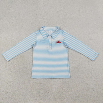 RTS BT1573 Embroidery Heart Trucks Baby Boys Blue Stripe Valentines Button Polo Shirts Top