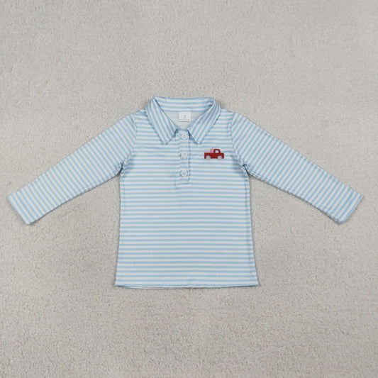 RTS BT1573 Embroidery Heart Trucks Baby Boys Blue Stripe Valentines Button Polo Shirts Top