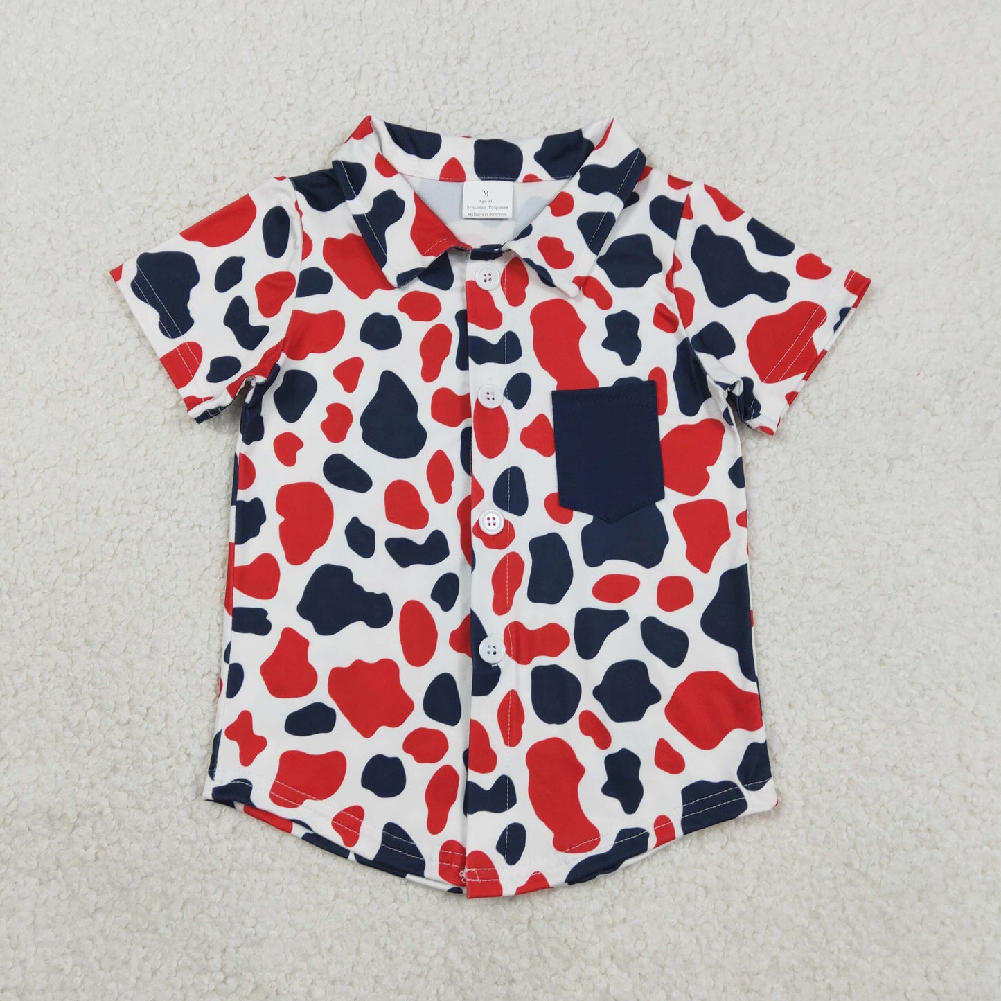 RTS BT1656 Baby Boys Red Blue Cow Print 4th of July Button Pocket Shirts Top