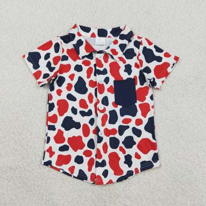 RTS BT1656 Baby Boys Red Blue Cow Print 4th of July Button Pocket Shirts Top